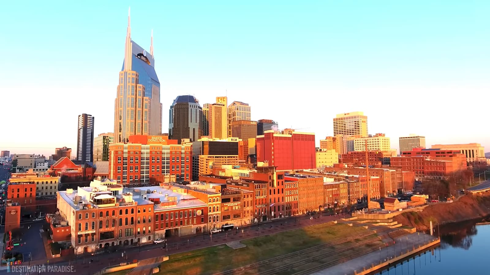 Sunset over Nashville with historic brick buildings in the foreground