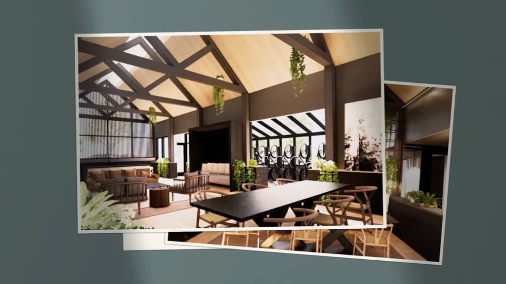A spacious room with a mix of modern and rustic decor elements