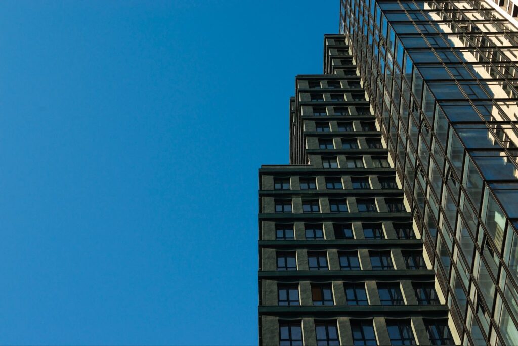 Low angle of glass office building