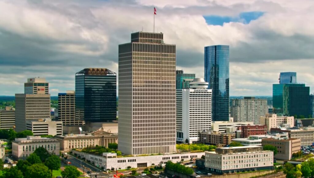 Aerial view of Nashville's skyline with a mix of modern and traditional buildings