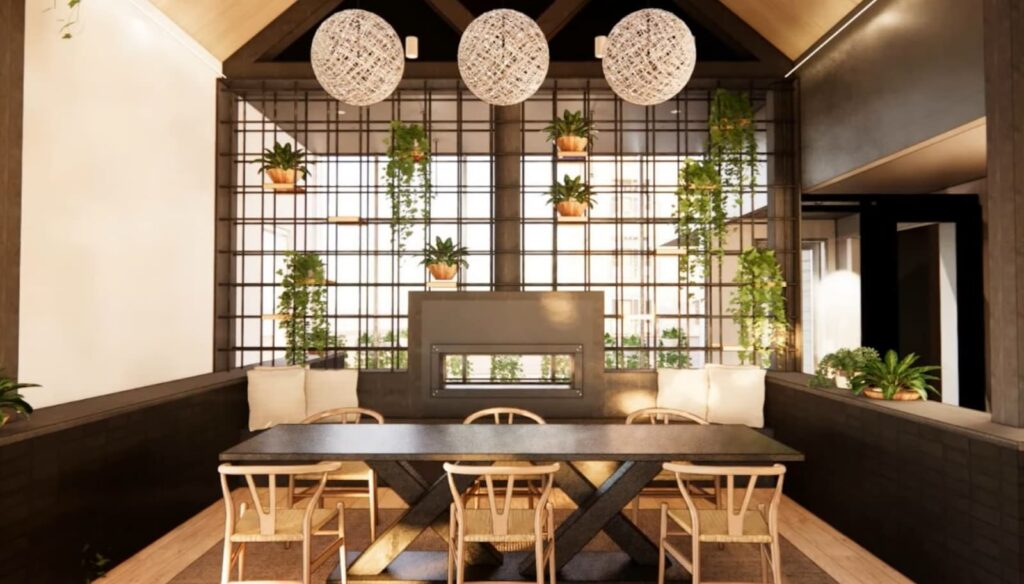 A cozy interior with hanging plants and chic furniture
